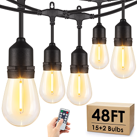 Larkvue 48FT Outdoor String Lights with Remote, Dimmable Patio Lights with 15+2 LED Waterproof Shatterproof Bulbs 3 Modes 4 Timers for Backyard, Black