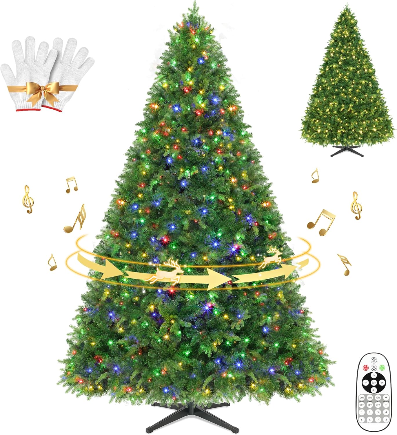 Larkvue 7.5FT Rotating Pre-Lit Artificial Full Christmas Tree with 8 Light & Music Modes & Remote, 1470 Branches 470 LEDs PE/PVC Lush Green Xmas Tree