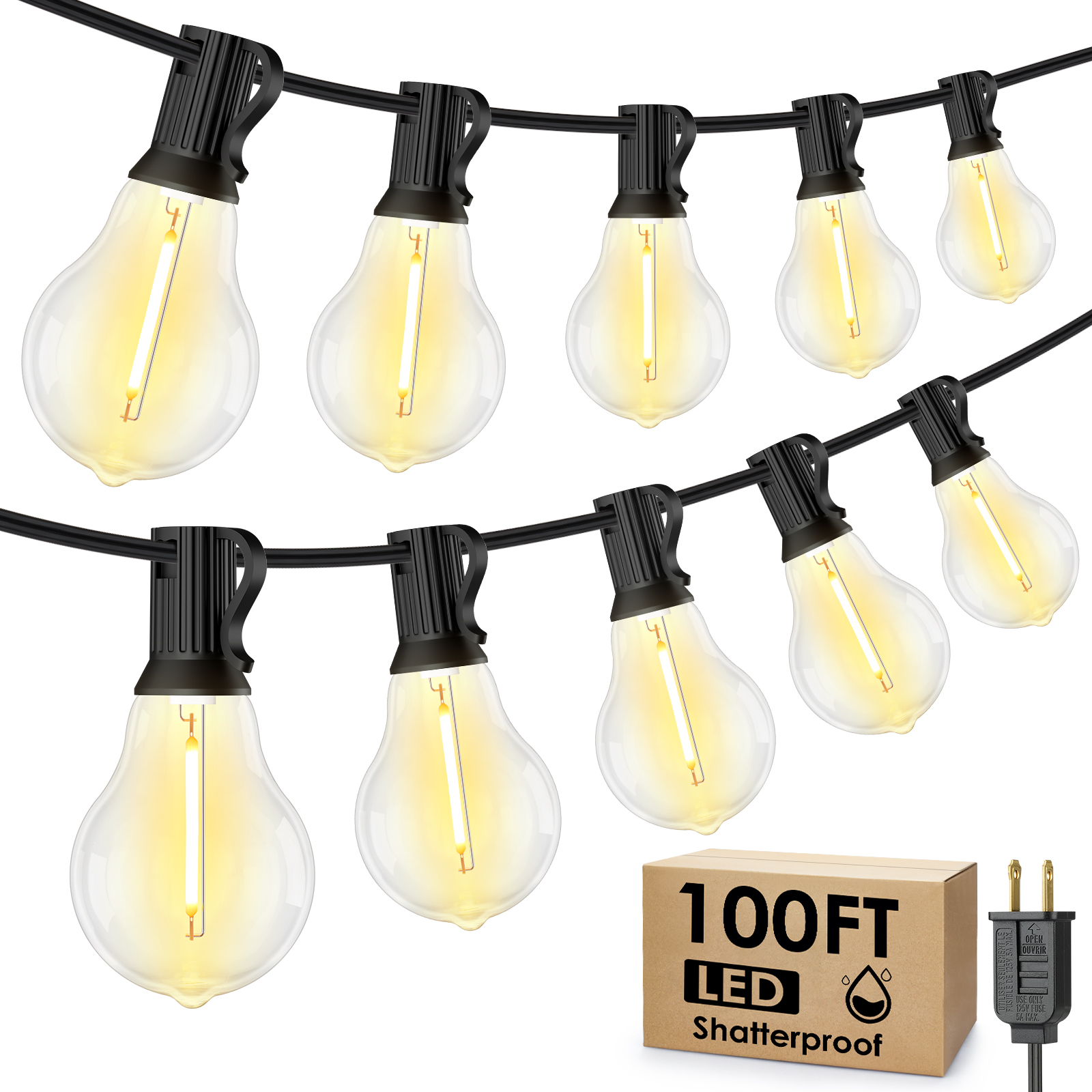 Larkvue 100FT Outdoor String Lights, LED Patio Lights with 42 Waterproof Shatterproof A39 Dimmable Bulbs(2 Spare), Outside Hanging String for Backyard